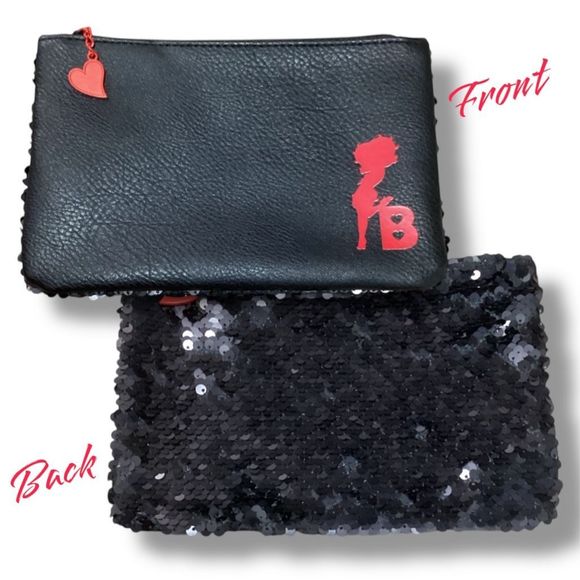 3 Betty Boop X Ipsy Sequined Black & Red Makeup Bag Clutch Purse Red Heart Zip H - Picture 3 of 7